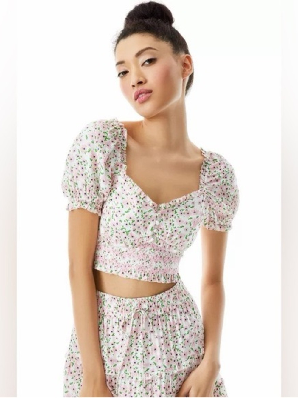 NWT Alice + Olivia Rianna Puff Sleeve Floral Cropped Top Monterey Ditsy Soft Wht